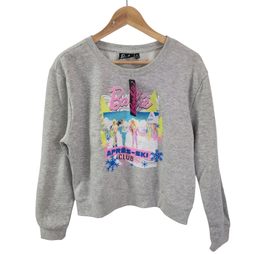 NWT Barbie Graphic Apres Ski Club Sweatshirt Gray Size L